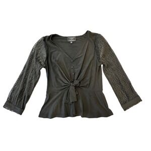 Flower‎ & Feather Blouse Medium Black Button Tie Front Long Sheer Sleeves